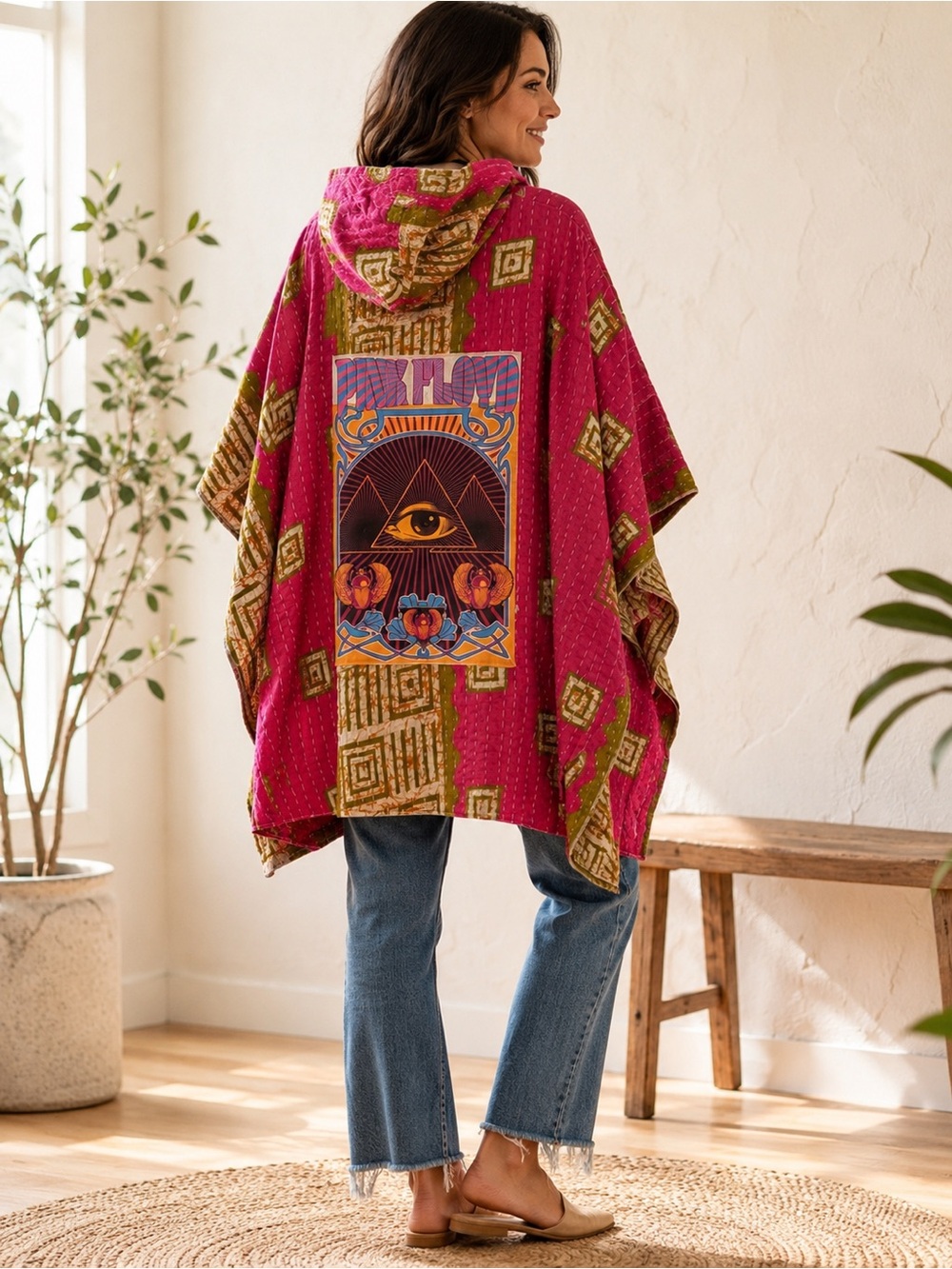 Pink Floyd Kantha Poncho Hoodie Upcycled Boho One Size Granny D Originals